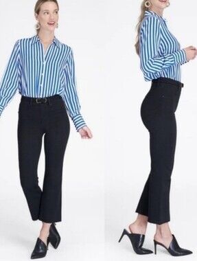 🆕️ SPANX Cropped Flare Denim Jeans Black Raw Hem Large Coastal Minimalist